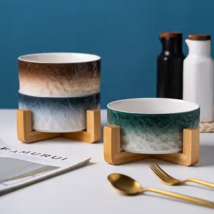 2021 новый дизайн от производителя, оптовая продажа, разноцветная керамическая миска для кошек и собак с деревянной полкой, миска для домашних животных