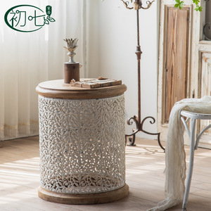 โต๊ะกาแฟสไตล์คันทรีอเมริกัน หน้าไม้แกะสลัก ดีไซน์เรโทร โต๊ะข้างห้องนั่งเล่นแบบดิสเทรส - Product Image 2