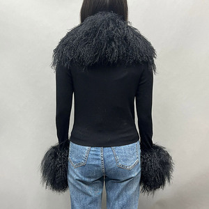 Jancoco Wholesale Custom Cropped Knitwear Pullover Luxury Knitted Wool <strong>Sweater</strong> Women with Real Fluffy Mongolian Fur Collar Cuffs - Product Image 2