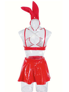 Ensemble de tenue de rave pour <span class=keywords><strong>femme</strong></span>, sexy, <span class=keywords><strong>en</strong></span> <span class=keywords><strong>latex</strong></span> métallisé brillant, avec haut à chaînes, mini-jupe <span class=keywords><strong>en</strong></span> cuir PU, string, costume de lapin pour festival de musique, 4 pièces, Cat - Product Image 6