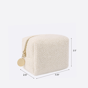 Ivory Knit Cube <b>Mini</b> Cosmetic <b>Pouch</b> with Gold-Tone Zipper for Daily Makeup and Small Beauty Item Storage - Product Image 2