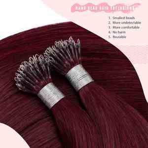 Nano Tip Hair <b>Extensions</b> Invisible Nano Ring Hair <b>Extensions</b> Burgundy #99J Straight Micro <b>Bead</b> Nano Ring Tip Hair <b>Extensions</b> - Product Image 2