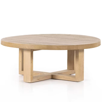 Table basse ronde en bois massif, base en X, plateau en chêne épais finition naturelle, style Japandi moderne, table de salon