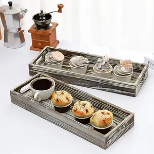 Rustic Torched Brown Wood Decorative Serving Trays With Cutout Handles Long Rectangular Ottoman Tray Centerpiece