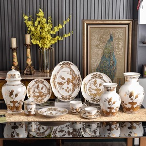 Luxury Golden Floral Ceramic Dinnerware <b>Set</b> Gold Rim Porcelain Plates Bowls <b>Cups</b> Teapot and Vases for Elegant Dining and Decor - Product Image 1