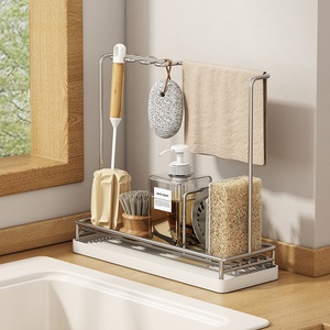 Étagère <span class=keywords><strong>de</strong></span> rangement multifonctionnelle pour outils <span class=keywords><strong>de</strong></span> nettoyage <span class=keywords><strong>de</strong></span> cuisine, organiseur d'évier <span class=keywords><strong>de</strong></span> cuisine en acier inoxydable avec plateau d'égouttage amovible - Product Image 1