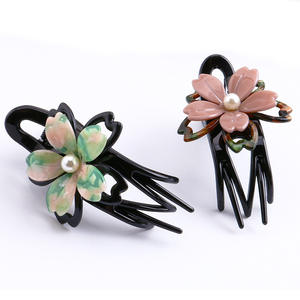 Forcina a tre denti con morsetto a becco d'anatra con disegno floreale acido acetico da donna puro fatto a mano elegante testa t - Product Image 4