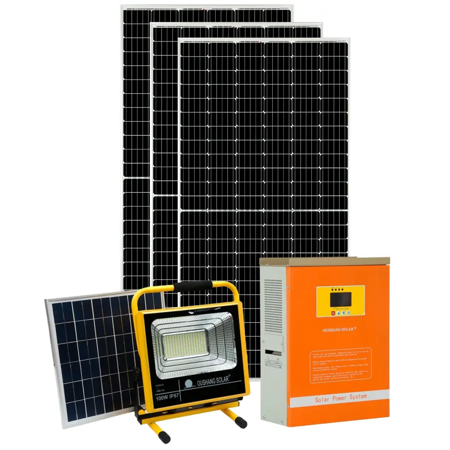 Solar Power Off Grid System Complete Kit Hybrid Inverter Outdoor Street Flood Led Light Solar Panels 550W