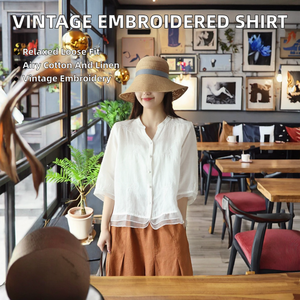 Blusa Casual de Verano de Algodón y Lino Vintage para Mujer, con Bordado Artístico, Botones, Corte Ajustado y Holgado, de Chifón - Product Image 2