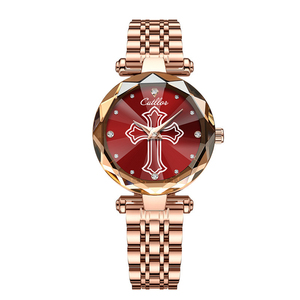 Reloj popular para mujer con diamantes en forma de cruz, cadena de oro rosa, esfera con diseño de cielo estrellado, reloj de cuarzo resistente al agua. - Product Image 1
