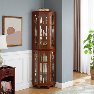 Corner <strong>Curio</strong> <strong>Cabinet</strong> with 4 Adjustable Tempered Glass Shelves and Lighting System, Solid Wood Legs - Product Image 2