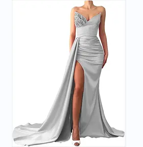 2023 Latest Design Off Shoulder Diamond V Neck Backless Sexy Evening Dress High Slit Front Warp Hip Satin Women Party Dresses