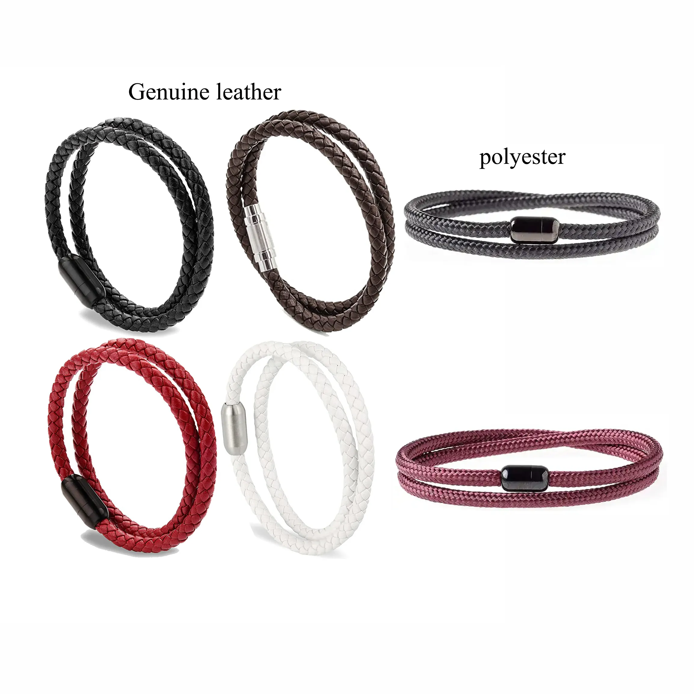 Wholesale Genuine Leather Polyester Braided Rope Bracelet With Magnetic Minimalist Bracelet Custom Unisex Mens Women Bracelet