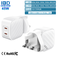 IBD Gan PD 45W Cargador rápido 2 tipo C en 1 20V Carga rápida Teléfono celular Laptop PD3.0 PPS QC4 QC3.0 SCP FCP Adaptadores de cargador de pared