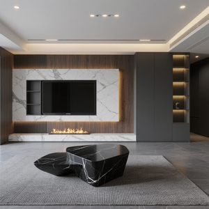 <span class=keywords><strong>Meuble</strong></span> <span class=keywords><strong>TV</strong></span> moderne minimaliste <span class=keywords><strong>et</strong></span> écologique réglable placage de bois marbre épissage <span class=keywords><strong>gris</strong></span> foncé <span class=keywords><strong>jaune</strong></span> chaud éclairage salon maison - Product Image 5