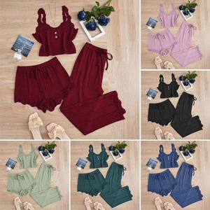 Ensemble de pyjama trois pièces décontracté pour femme en dentelle contrastante et côtelé, doux et élastique, vente chaude - Product Image 1