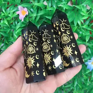Best Selling Engraved Pattern Crystals Wand Polished Healing Gemstone Crystals Black Obsidian Tower