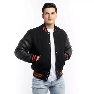 Black Varsity Jacket Stand Genuine Cow Hide Leather Sleeves Rib Cuff Covered Button Closure Waterproof Windproof Streetwear <b>Coat</b> - Product Image 1