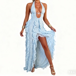 เดรสแฟชั่นผู้หญิงมาใหม่ ดีไซน์เซ็กซี่ สายคล้องคอ เปิดหลัง สีพื้น แต่งระบายชายกระโปรง - Product Image 1