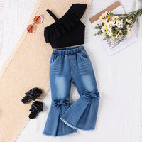 Ensemble de vêtements d'été pour bébé fille : Haut licou style occidental et jean évasé à nœud, couleur unie