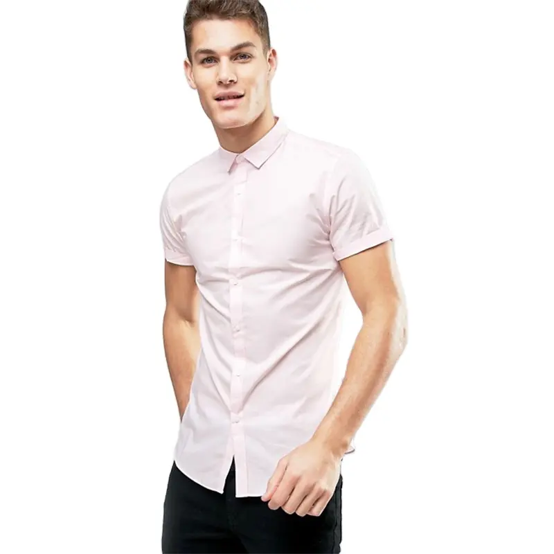 KY mens pink curved hem spread collar button placket short sleeve slim fit cotton shirt latest casual shirts designs for men