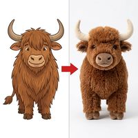 Mascotte en peluche de bovins des Highlands écossais, fourrure épaisse et bouclée marron, détails de corne crème lisse et de sabot arrondi, peluche personnalisée OEM
