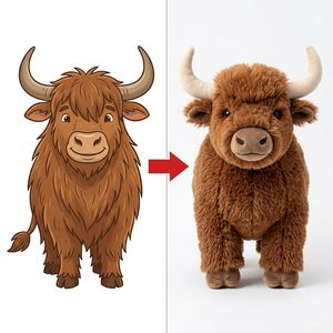 Mascota de Peluche de Ganado Escocés de las Tierras Altas, con Abrigo Marrón Grueso y Peludo, Cuernos Suaves de Color Crema, Detalle de Pezuña Redondeada, Peluche Personalizado OEM - Product Image 1