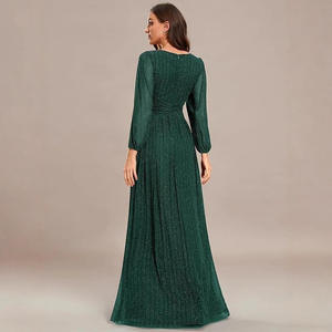 European American Evening Damen V-Ausschnitt Plissee Natürliche Taille Langarm Futter Boden lange A-Linie Sommer Prom Party Jährlich - Product Image 4