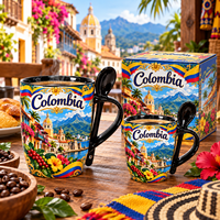 Souvenir de voyage en Colombie, tasse à café en céramique avec cuillère, drapeau colombien, impression florale de ville coloniale, tasse à café en porcelaine, 2 tailles