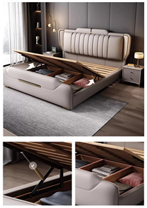 Cadre de lit moderne en bois de chêne européen avec rembourrage en cuir et <span class=keywords><strong>sommier</strong></span> <span class=keywords><strong>à</strong></span> <span class=keywords><strong>ressorts</strong></span>, avec rangement, durable et écologique, ensemble de lit de taille spéciale - Product Image 5