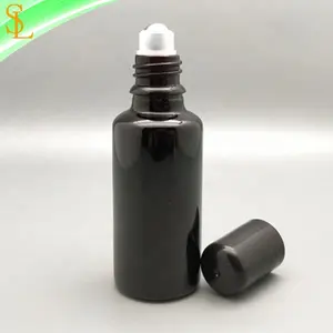Botol Minyak Esensial Gulung Kustom Kaca Hitam Kosong dengan Rol Baja/Kaca dan Topi Hitam untuk Minyak Parfum