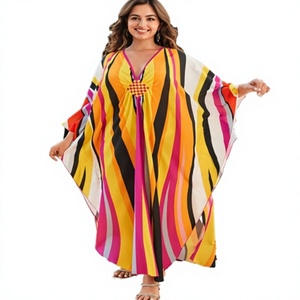 V Neck Maxi Abaya Dress Long Sleeve Loose Fit Geometric Pattern Polyester Women's Beach Bohemia Style Summer Modest Wear - Product Image 1