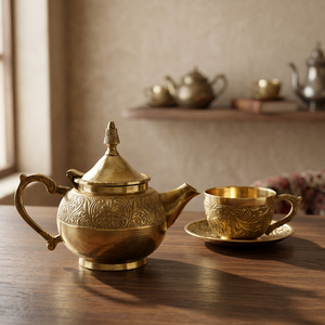 Vintage Brass Tea Pot With Lid And <b>Cup</b> <b>Saucer</b> Set Decorative Metal Water Pot With Handle Ornate Design - Product Image 5