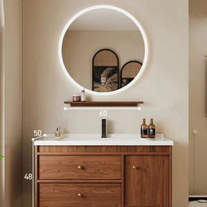 European Popular Mid Century Walnut Bathroom Cabinet <b>Wall</b> Hung Ceramic All-in-one Basin Dimmable LED Smart <b>Mirror</b> Set - Product Image 2