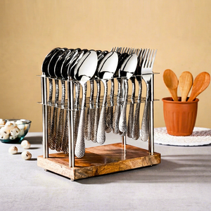 Ensemble de couverts vintage en acier inoxydable 24 pièces, service de table avec base en bois, manches longs, passe au lave-vaisselle, cuillères et fourchettes pour fête et bébé - Product Image 2