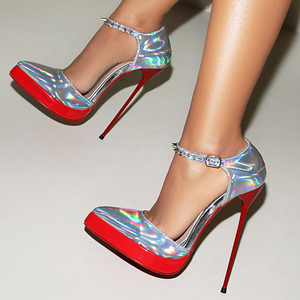 Sandales de danse pour femmes à talons aiguilles extrêmement hauts et fins, avec lanière de cheville à rivets, escarpins plateforme de cérémonie découpés en cuir verni fluorescent - Product Image 2