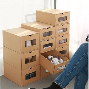 Boîte à chaussures de type tiroir en papier kraft, organisateur de rangement rectangulaire, protection anti-chaussures, utilisation à domicile ou en dortoir, fenêtre transparente - Product Image 1