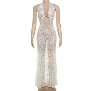 NUOVO ARRIVO <span class=keywords><strong>Abito</strong></span> Lungo in Pizzo Trasparente con Collo Halter, Vestito Aderente a Sirena, <span class=keywords><strong>Abito</strong></span> da Spiaggia Trasparente per Donna, Taglie S-<span class=keywords><strong>L</strong></span> - Product Image 2