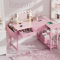 Bureau d'ordinateur d'angle rose pour filles avec tiroirs de rangement, prise électrique, bureau d'étude compact pour chambre à coucher
