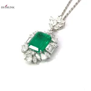 18K White Gold Fine Jewelry Pendant Necklace Lab Grown Emerald and Diamond Inset for party or gifts