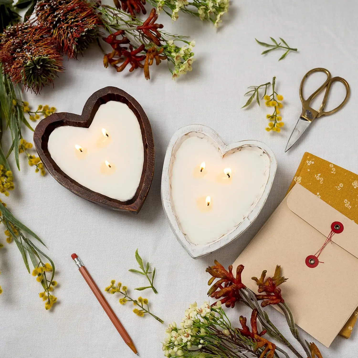 Velas románticas ecológicas de 5,9 pulgadas para mesa, barco, pan, tazón de masa de madera con vela, tazón de masa de vela de corazón de madera