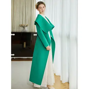Чувство дизайна, двустороннее шерстяное флисовое пальто свободный лацканы двубортный Тонкий Колено-длина пальто зеленого цвета