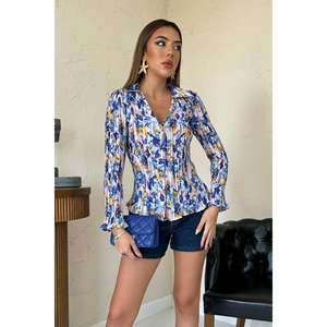 Chemisier en mousseline plissé à imprimé floral Lila pour femme, coupe décontractée, ajustement élastique, manches longues - Product Image 3