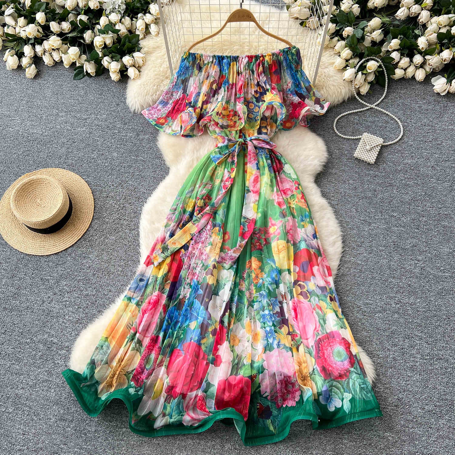 fitted lace wedding dress Floral Print Chiffon Gown With One Shoulder Neckline In Black Blush Mu