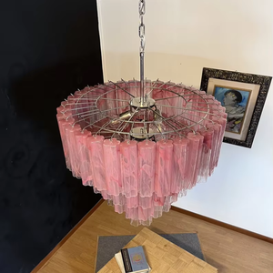 Grande Lampadario Vintage in Vetro di Murano e Alabastro Rosa con Sospensioni a Più Livelli - Product Image 6