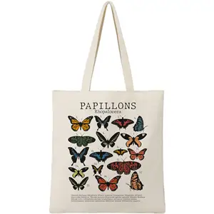 New Fashion White Canvas Bag Butterfly Pattern Reusable Environmental Protection Large Capacity White Canvas Bag