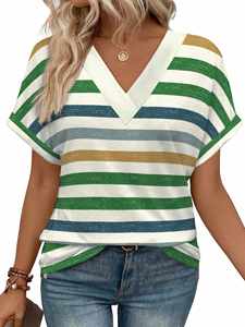 2026 European American for New Women's <b>Clothing</b> Pattern Casual V-neck Striped Multicolor Short Sleeve Loose Polyester Hot - Product Image 4