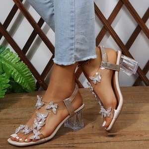 Sandales en soie à talon compensé ouvert pour femme, sexy et séduisantes, avec nœud élastique, motif papillon et fleur, talon ultra haut en cristal, imperméables - Product Image 1