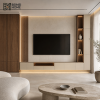 Meuble TV mural moderne de luxe léger en bois massif avec panneau en pierre gris chaud, rangement en noyer, meuble multimédia flottant pour villa OEM