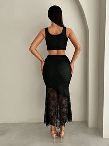 ชุดเซ็กซี่สไตล์ยุโรปและอเมริกา แฟชั่นสาวเปรี้ยว ชุดสองชิ้นผ้าลูกไม้เย็บต่อกัน ซีทรู กระโปรงยาวรัดสะโพก ชุดชั้นใน - Product Image 5